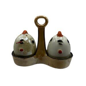 Vintage Chicken Salt & Pepper Shakers With Holder Ceramic Made In Japan